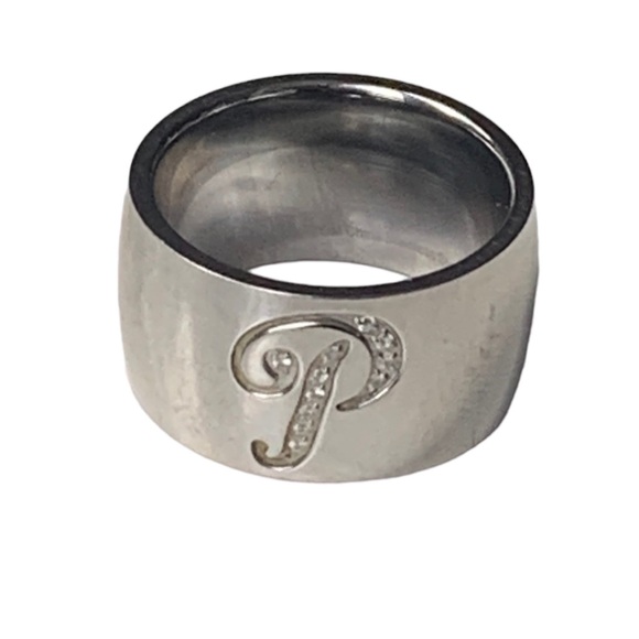 GM China Initial Script Letter P Mens Stainless Steel Ring Paved Clear Crystals - Picture 1 of 8